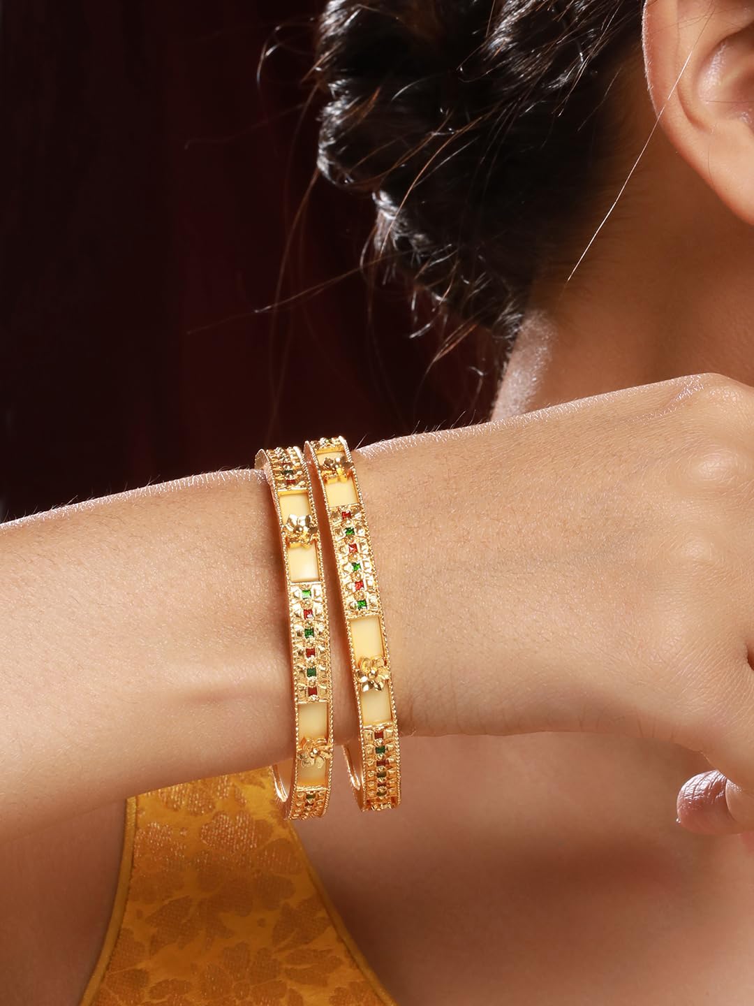 Priyaasi Yellow Multicolor Stone-Studded Geometric GoldPlated Bangle Set of 2