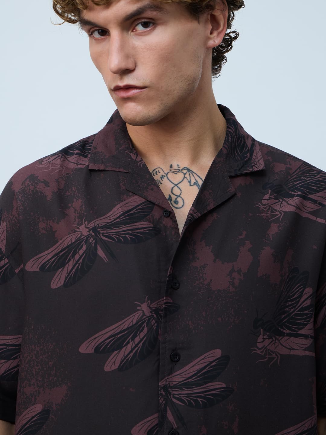 The Souled Store Oversized Shirt: Dragonfly Men and Boys Short Sleeves Cuban Collar Printed Viscose Relaxed Fit Casual Shirts |Dark Brown, S