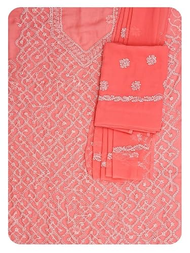 Ada Hand Embroidered Chikankari Georgette Dress Material for Women Peach