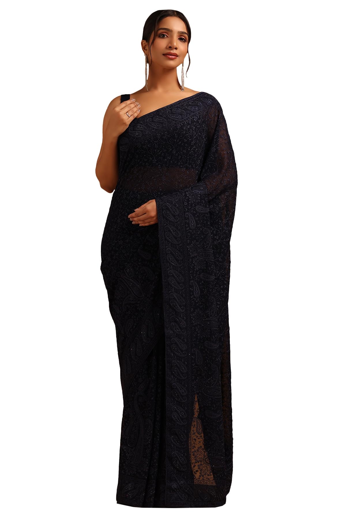 Soch Womens Navy Blue Georgette Botanical Saree With Stone Work