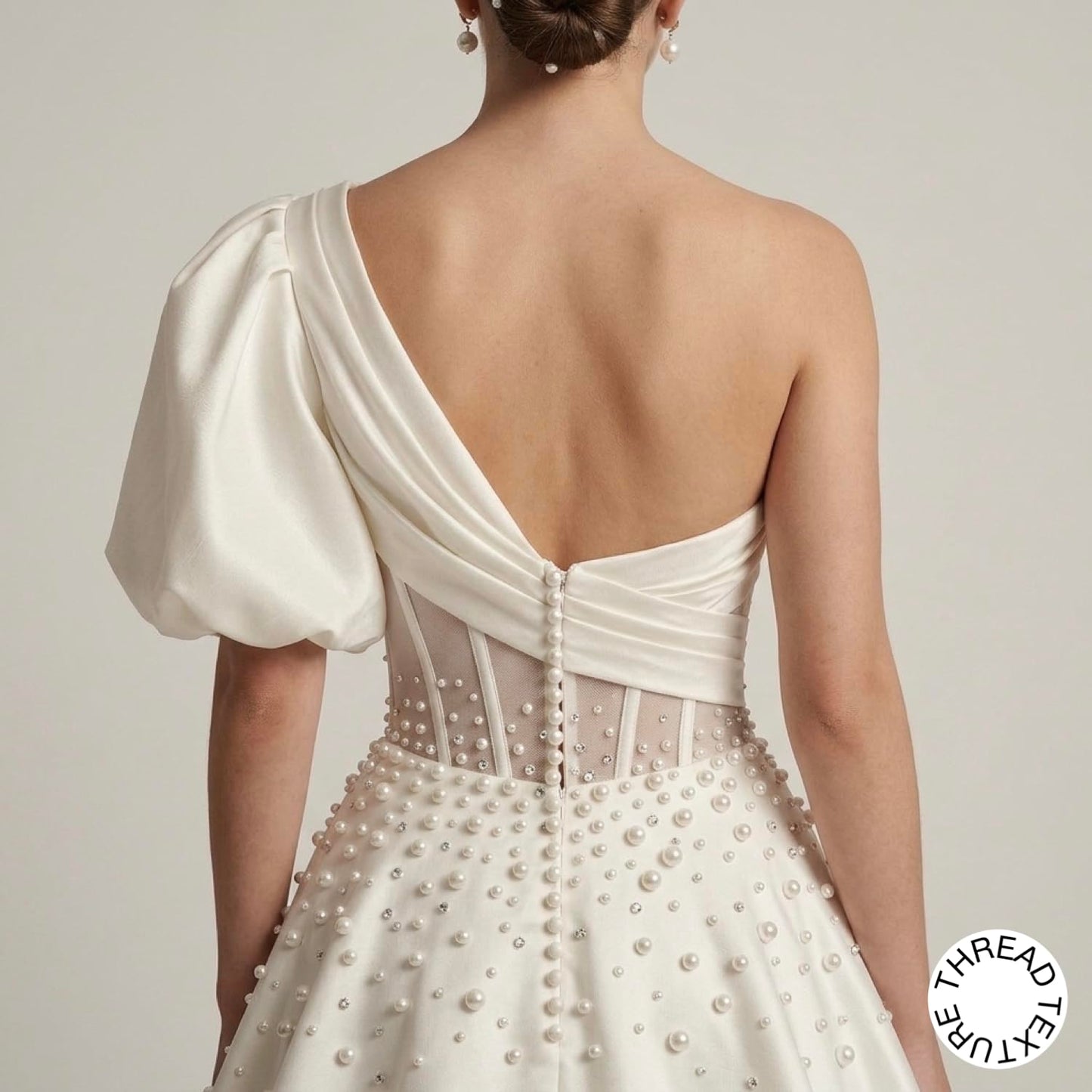 ThreadTexture Women's Elegant One Shoulder Puff Sleeve Pearl Embellished Bridal Wedding Gown (in, Alpha, S, Regular, Off White, Designer Shivay)