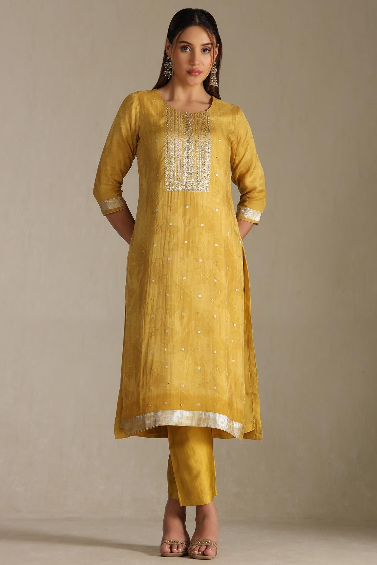 Soch Womens Mustard Organza Zari Woven Suit Set With Faux Mirror And Sequins