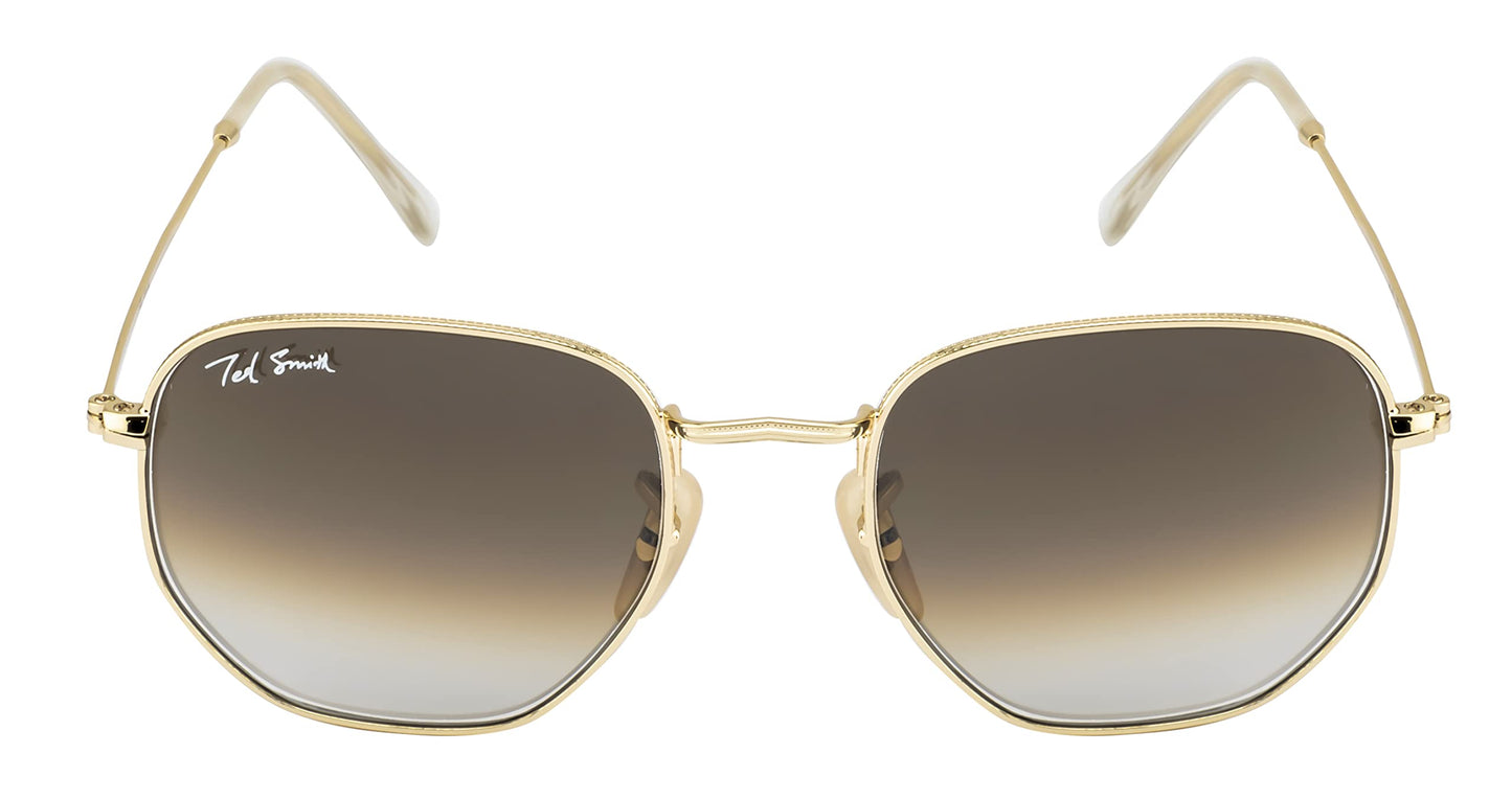 Ted Smith Men's Women's Glass UV Protection Brown Graded Lens Gold Hexagonal Sunglasses