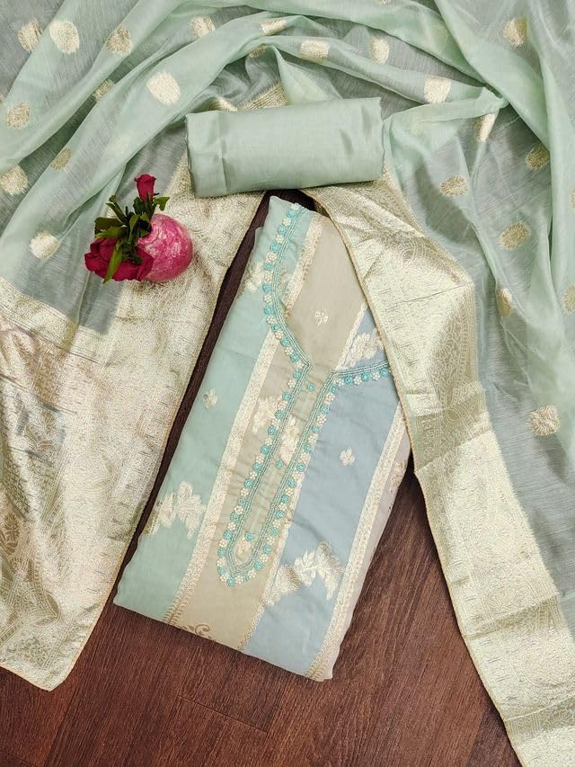 VARNI FABRICS Jacquard With Neck handwork Dress Material for Women Striped Unstitched Woman Salwar Suit Dress Material With Jacquard Dupatta Pastel Multicolors