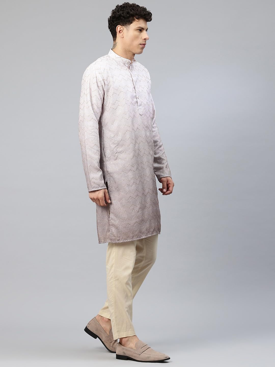 Luxrio Men's Ombre Shaded Sequence Self Embroidered Textured Long Kurta Full Sleeves Beige Size XXL