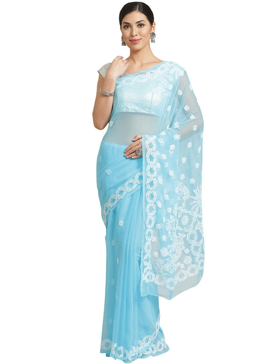 Ada Women Hand Embroidered Lucknowi Chikankari Georgette Saree With Unstitched Blouse Piece A129562, Blue