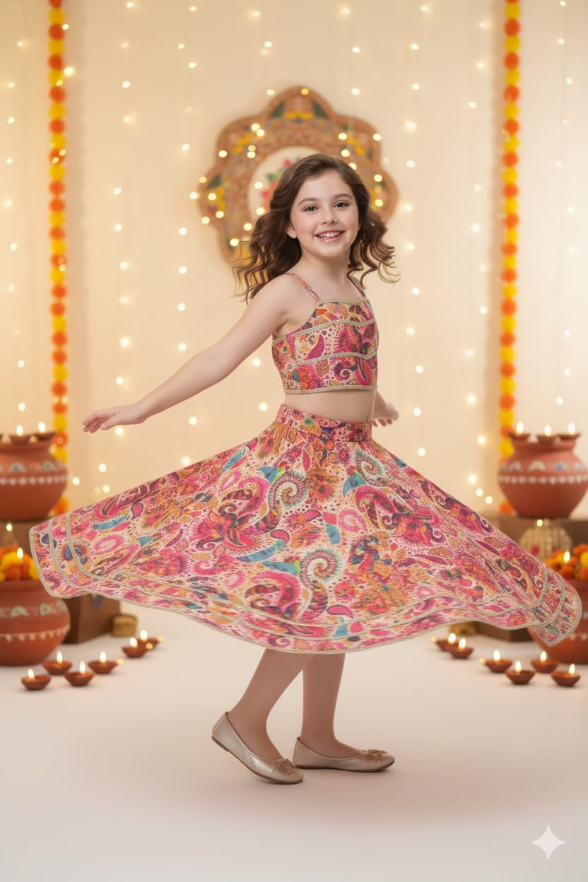 Naixa Girls Multicolor Digital Print Rayon Fabric Lehenga Choli with Dupatta Set | Ready to Wear Lehenga Choli Set | Lehenga Choli Set for Girls (SE51_5-6 YEAR)