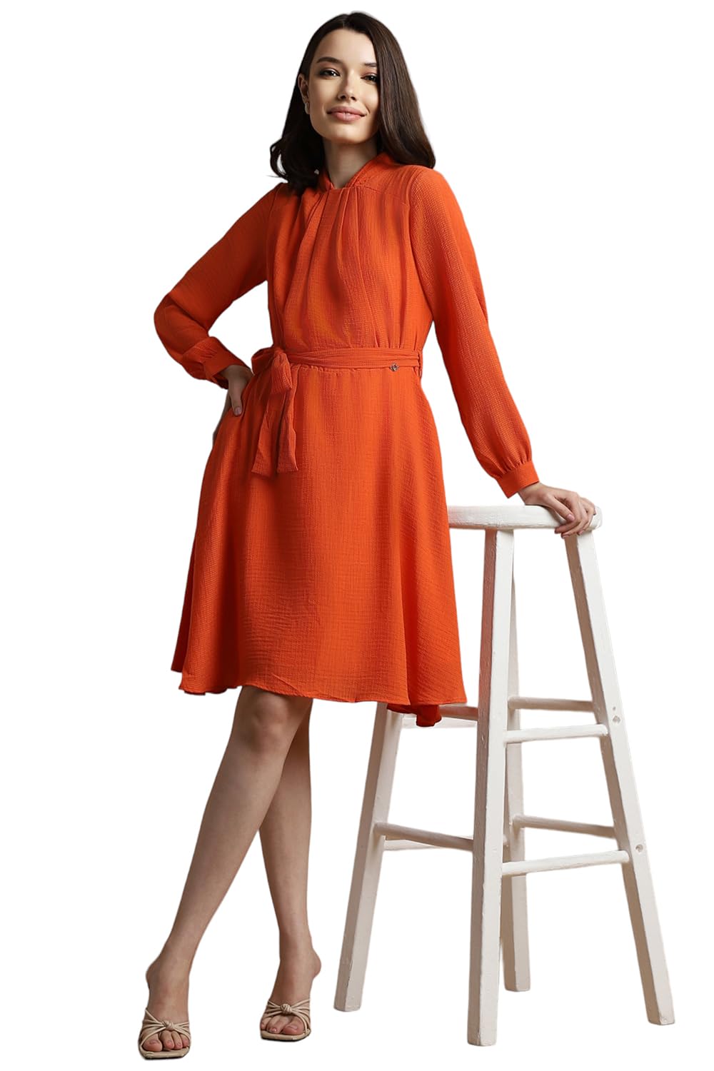 Allen Solly Women's Polyester Asymmetrical Knee-Length Dress (AHDRWRGFV34691_Orange