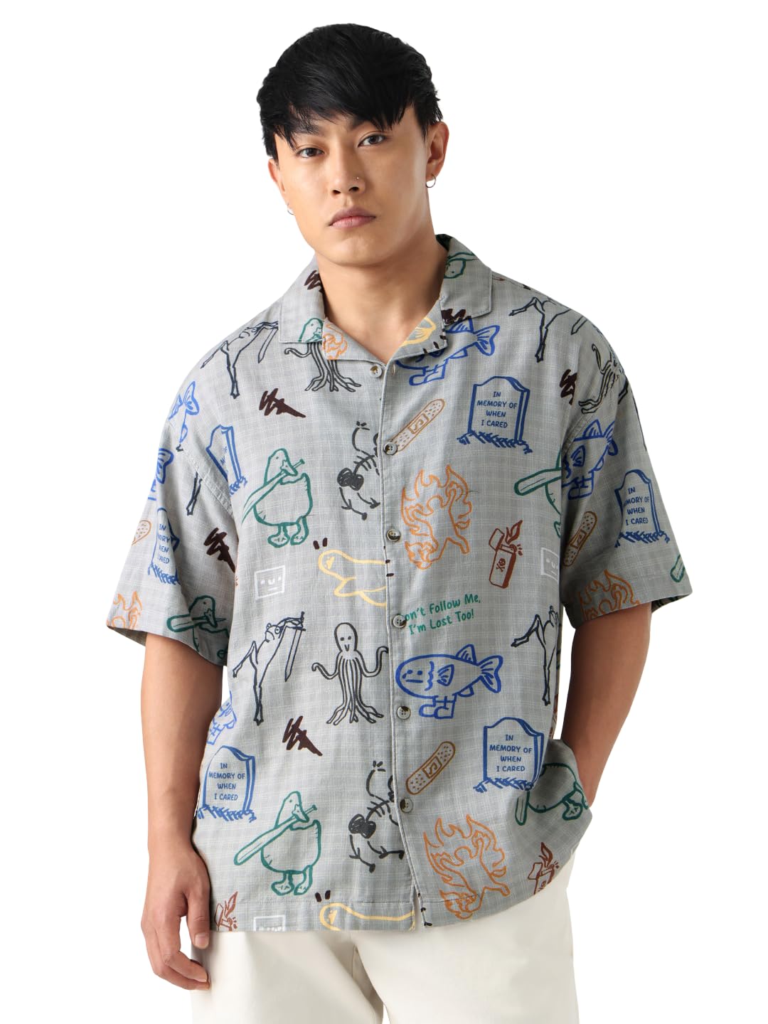 The Souled Store: Doodle Mayhem Men and Boys Short Sleeve Cuban Collar Button Front Grey Graphic Printed Cotton Oversized Shirt