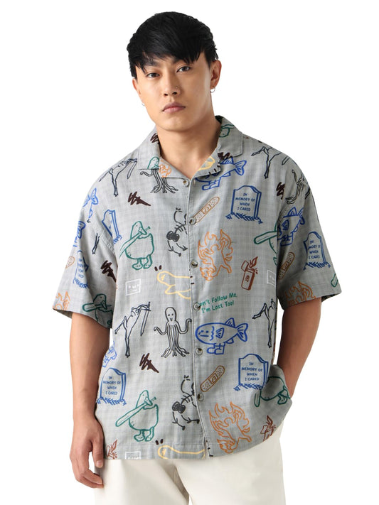 The Souled Store: Doodle Mayhem Men and Boys Short Sleeve Cuban Collar Button Front Grey Graphic Printed Cotton Oversized Shirt