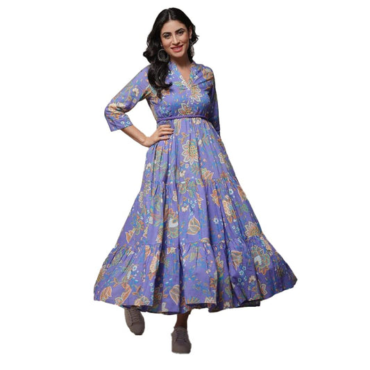 BIBA Women's Lilac Cotton Tiered Printed Maxi Dress
