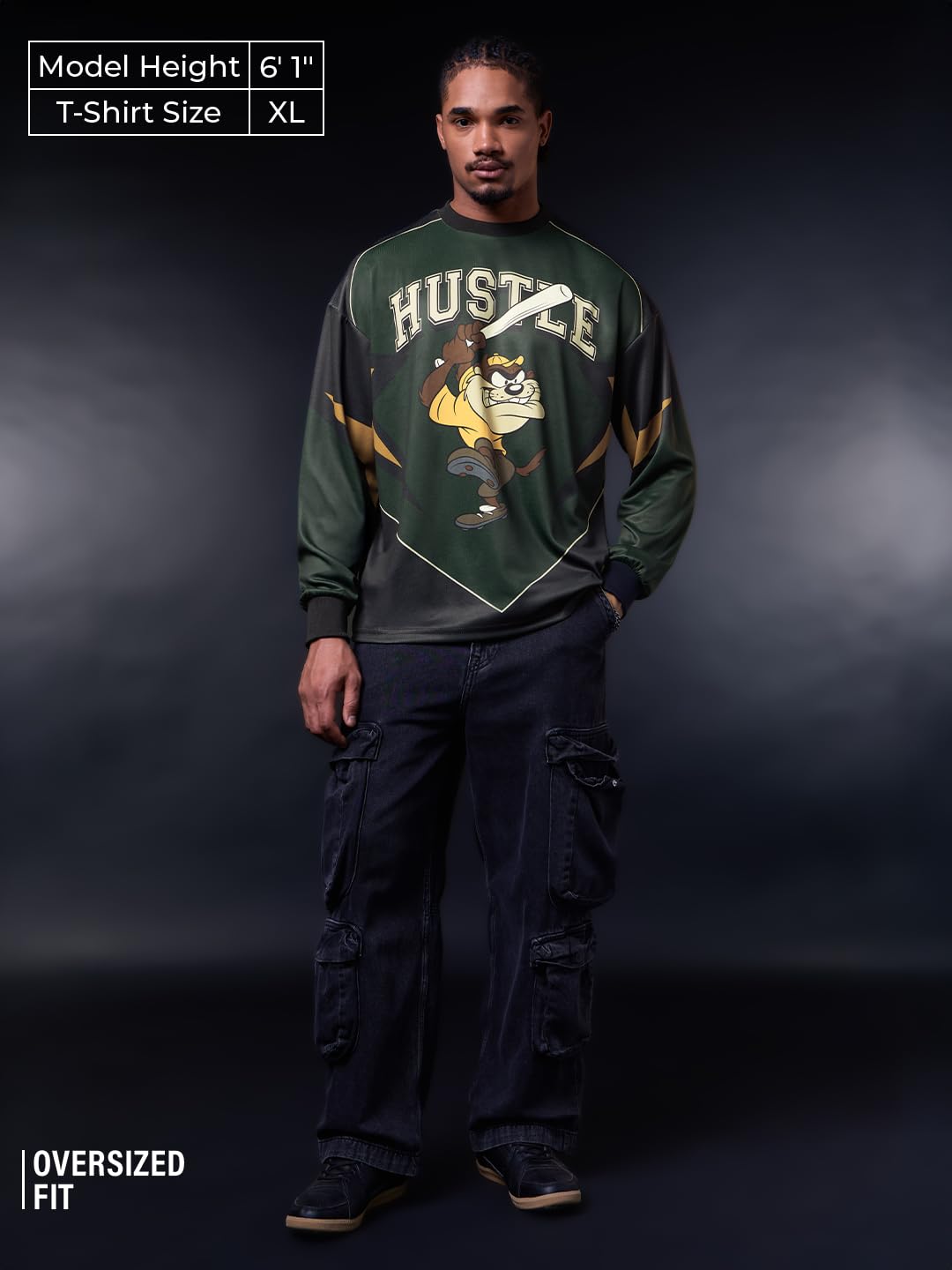 The Souled Store Official Looney Tunes: Hustlin' Taz Men and Boys Long Sleeves Round Neck Dark Green Graphic Printed Sporty Casual Easy Dry Drop Shoulder Streetwear Polyester Oversized Jerseys