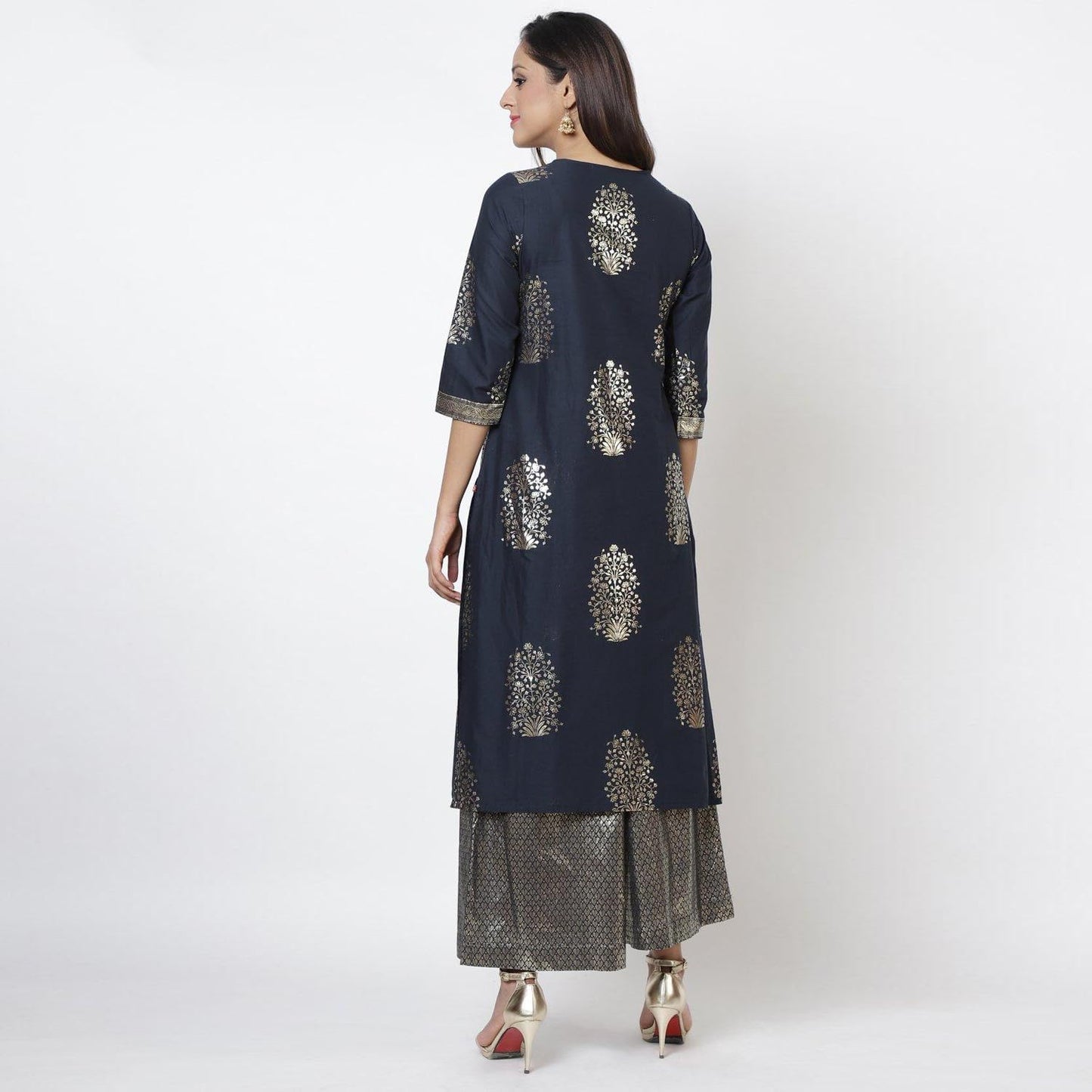 BIBA Cotton Women Printed Relaxed Salwar A-Line Straight Kurta Dupatta(Skdassorted7074E_Navy Blue_XL)