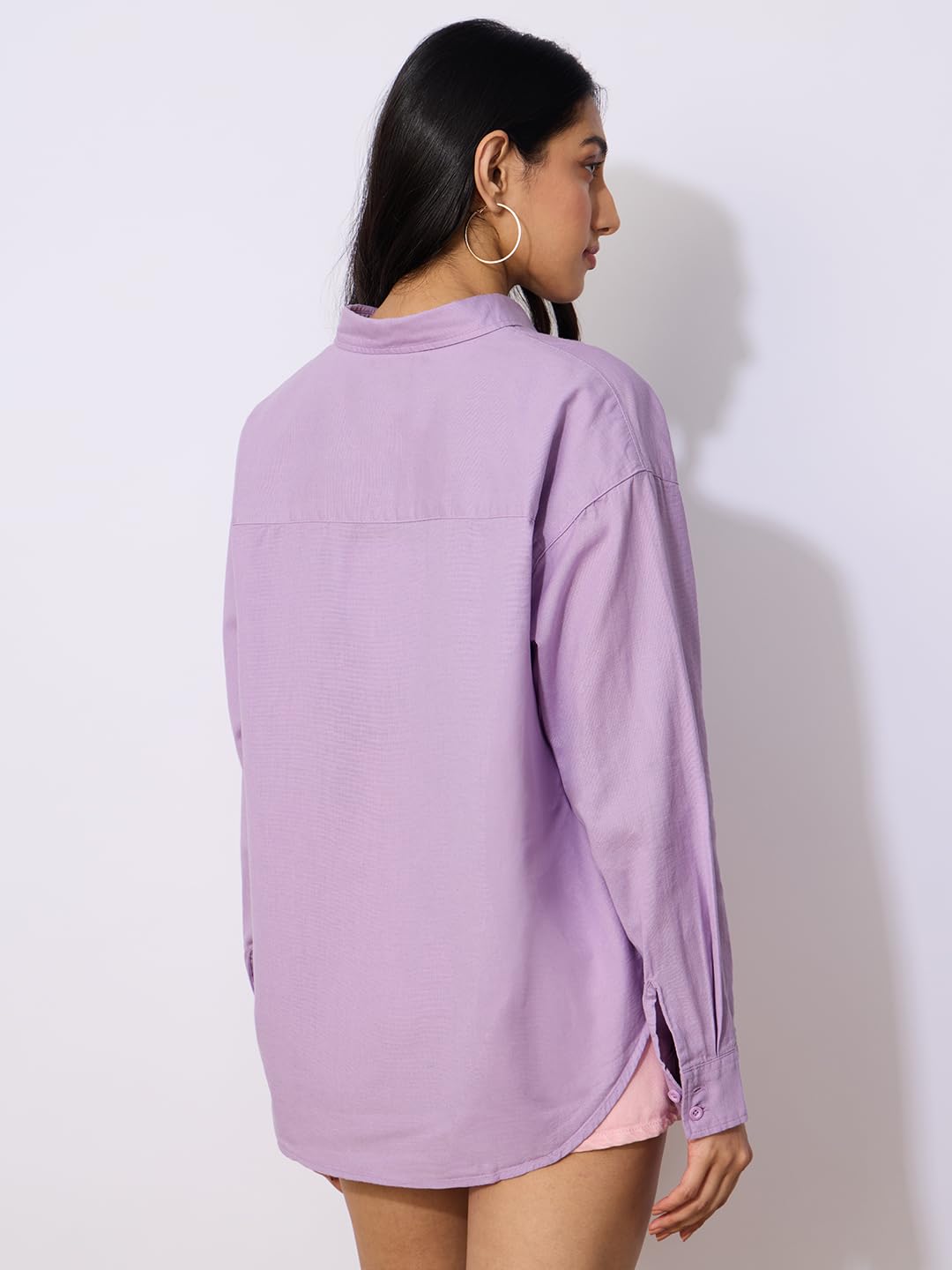 The Souled Store Cotton Linen: Lavender Women and Girls Long Sleeves Collared Neck Button Front Solid Cotton Linen Boyfriend Shirts