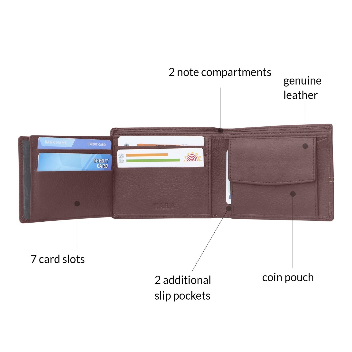 KARA Genuine Leather Maroon Wallet for Men - Bifold Contrast Stitch Men's Wallet with 7 Cards Slots