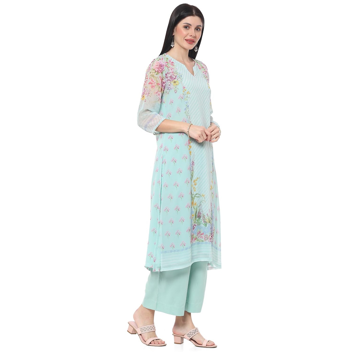 BIBA Women PRINTED STRAIGHT SALWAR KURTA DUPATTA(SKDASSORTED9636_LIGHT GREEN_36)