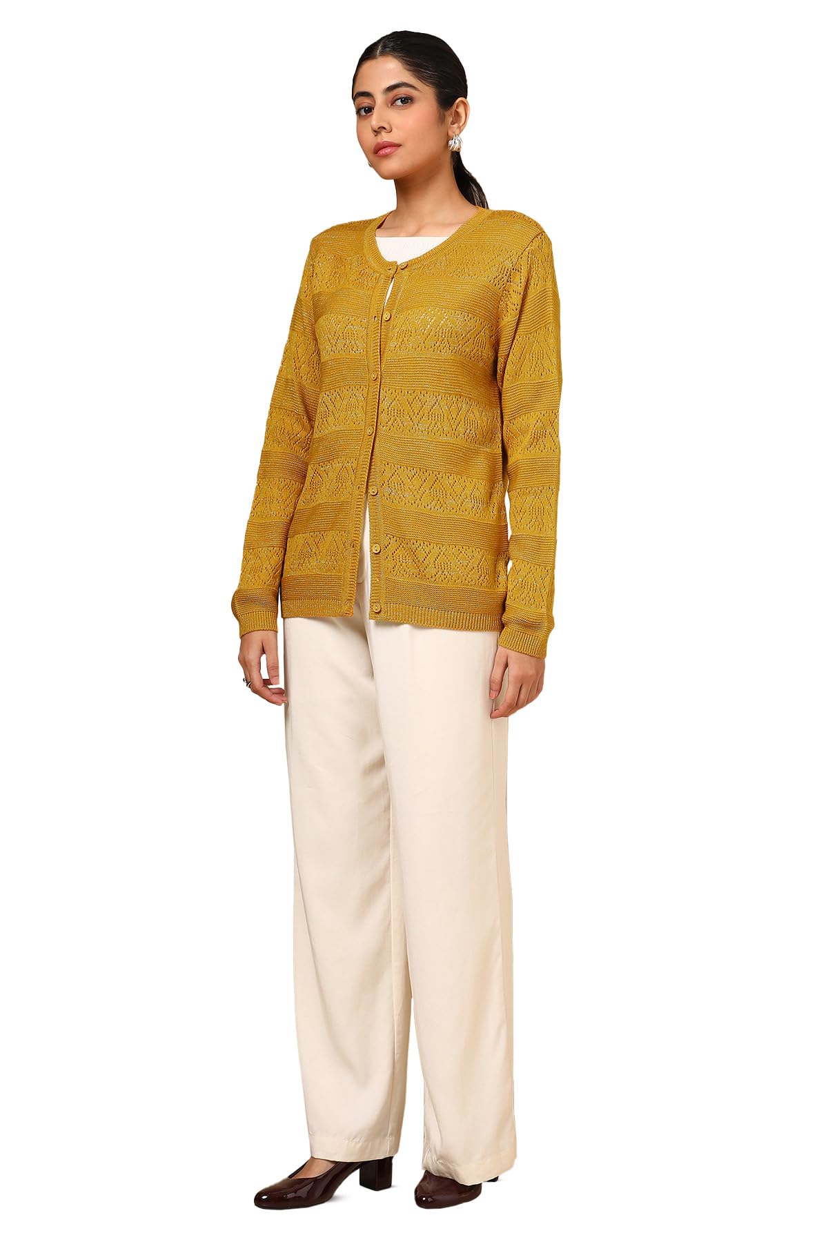 Soch Womens Mustard Acrylic Crochet Cardigan