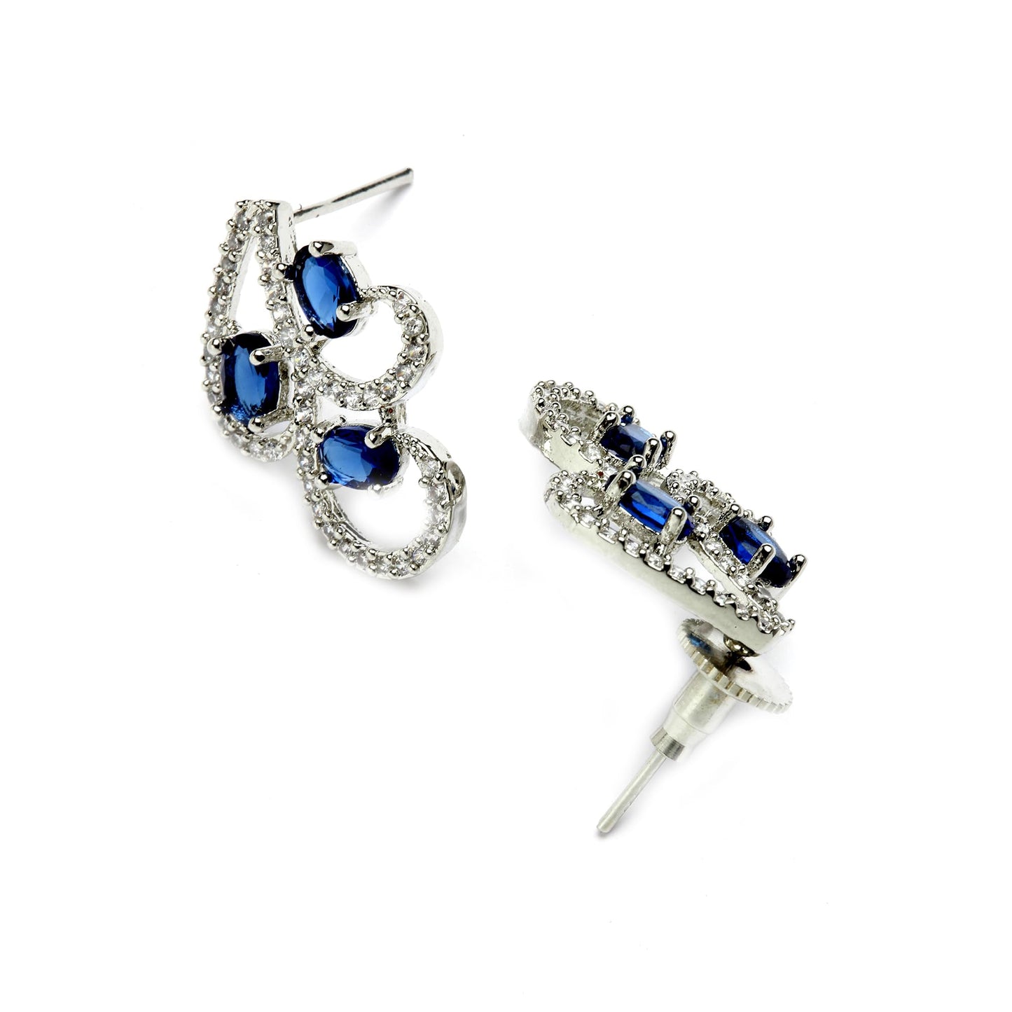 ZENEME Rhodium-Plated with Silver-Toned Blue and White Cubic Zirconia & American Diamond studded Necklace and Drop Earrings Jewellery Set (Blue) For Women