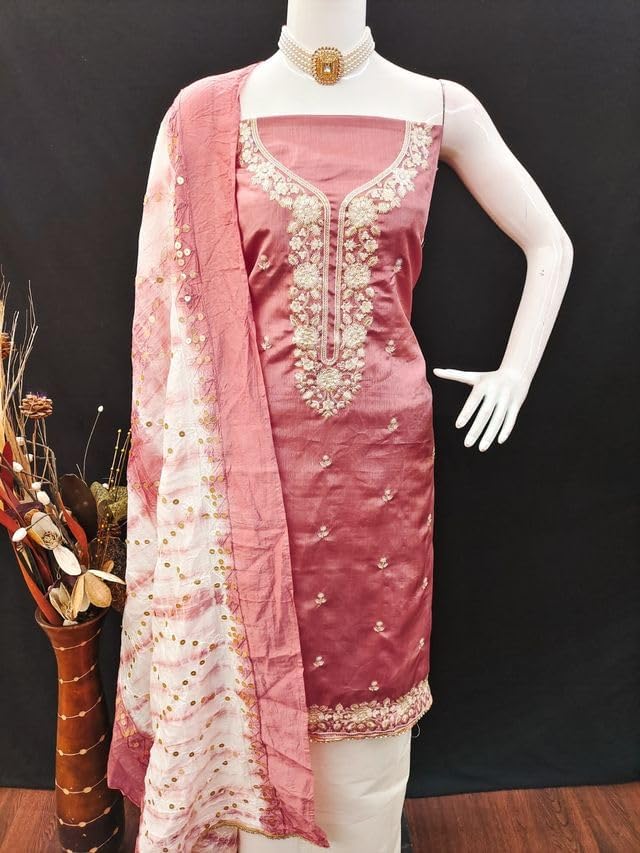 VARNI FABRICS Coco Silk Dress Material for Women Embroidered Unstitched Woman Salwar Suit Dress Material With Cotton Dupatta Rose Pink