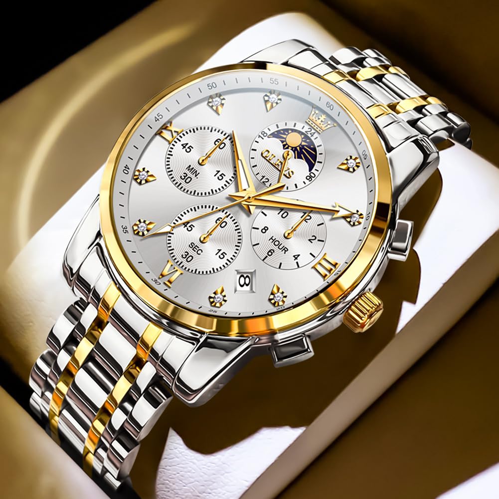 OLEVS Watch for Men Diamond Business Dress Analog Quartz Stainless Steel Waterproof Luminous Date Two Tone Luxury Casual Wrist Watch, Silver watches gold 3655, men watch