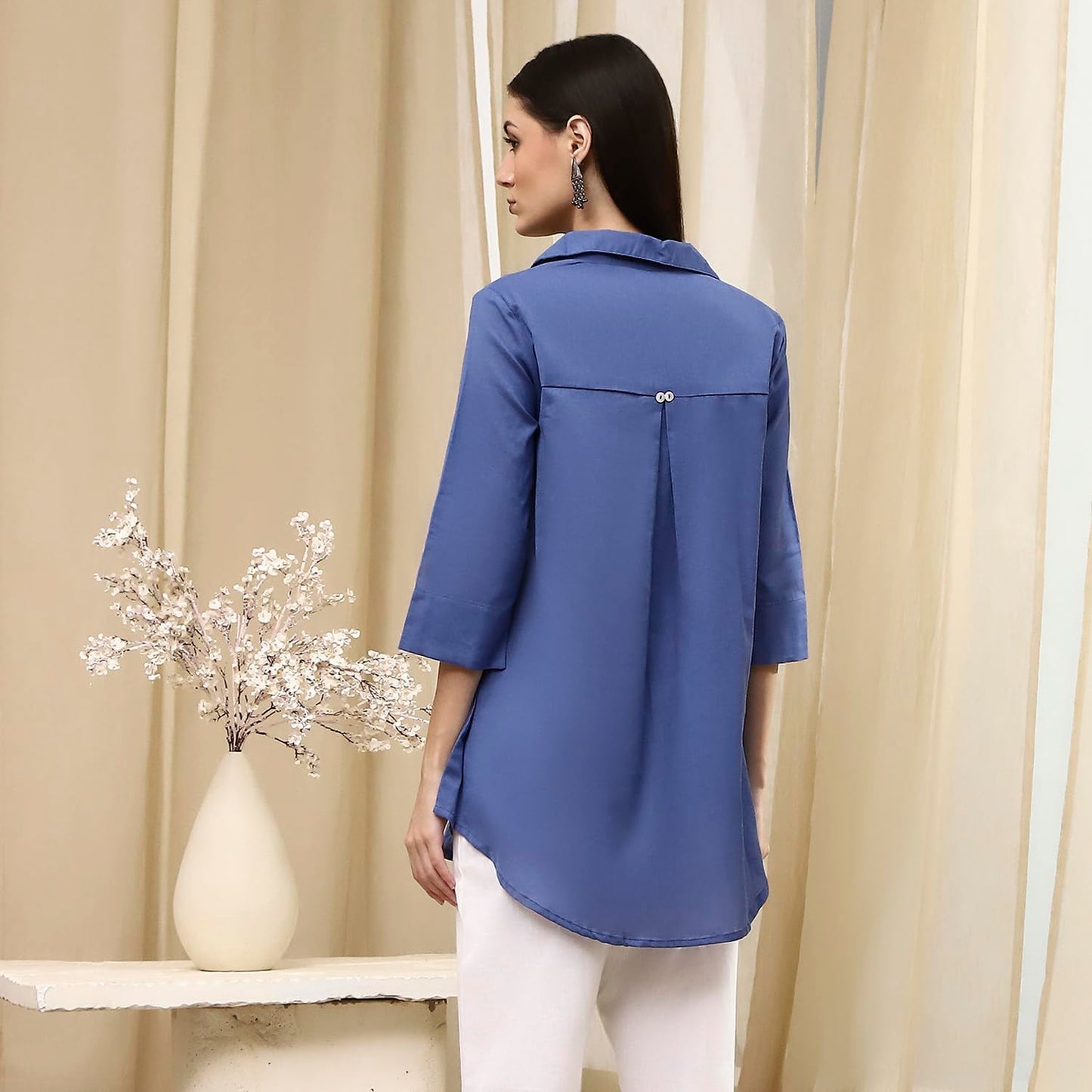 BIBA Women's Cotton Blend Solid Regular Shirts (SLDCR21577EAW24DSBLU_Dusk Blu