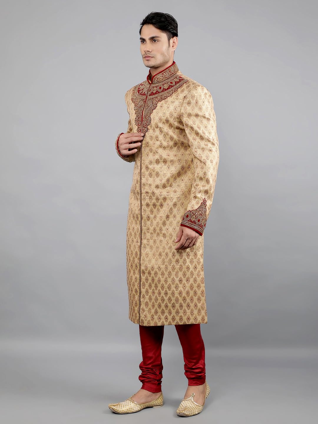 Manish Creations Men's Woven Design with Embroidery Ethnic Sherwani Set