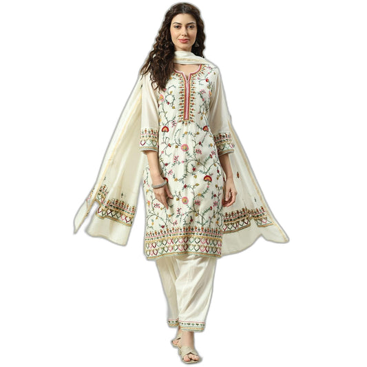 BIBA Women's Cotton Blend Salwar Suit Set (SKD7958AW22IVRY_Off White