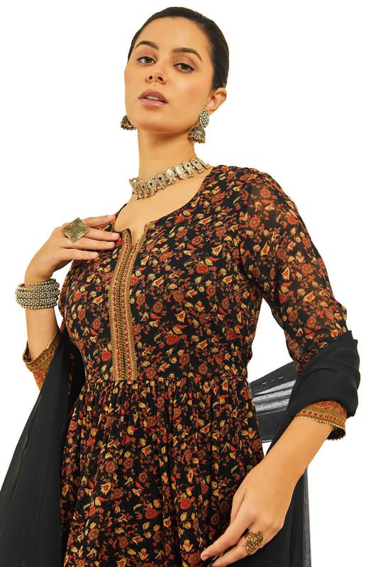 Soch Womens Black Georgette Floral Print Sharara Suit Set