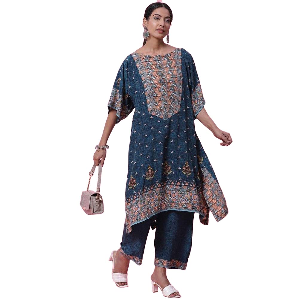 BIBA WOMEN PRINTED STRAIGHT SALWAR KURTA DUPATTA(SKDKAFTAN K7843_TEAL_42)
