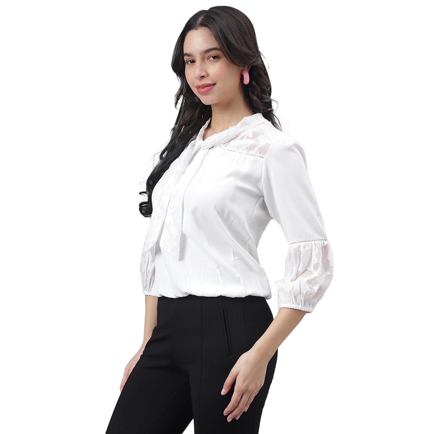 Latin Quarters Women White 3/4 Sleeve Tie-Up Neck Solid Top_M