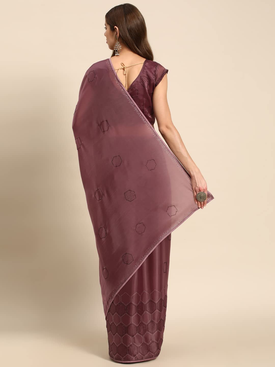 Rekha Maniyar Women's Heavy Swaroski Work Fancy Satin Magenta Saree With Unstitched Blouse Piece (MAGENTA)