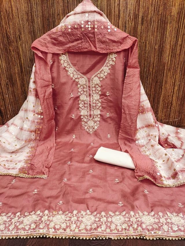 VARNI FABRICS Coco Silk Dress Material for Women Embroidered Unstitched Woman Salwar Suit Dress Material With Cotton Dupatta Rose Pink