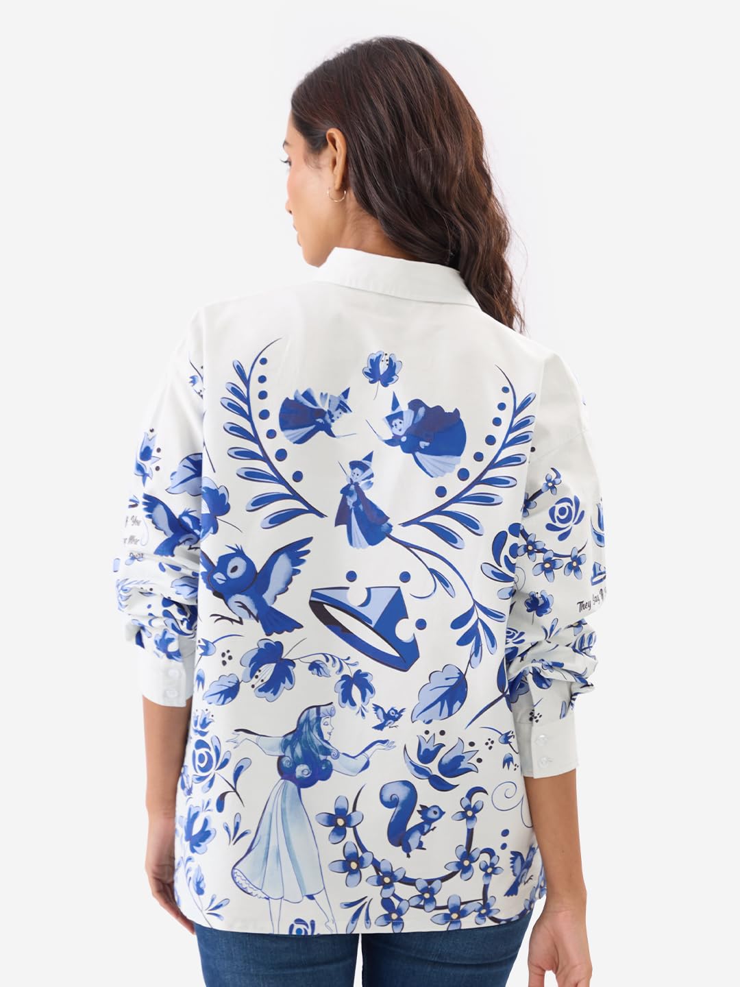 The Souled Store Disney: Once Upon A Dream Women and Girls Long Sleeve Collared Neck Button Front White Cotton Oversized Shirts