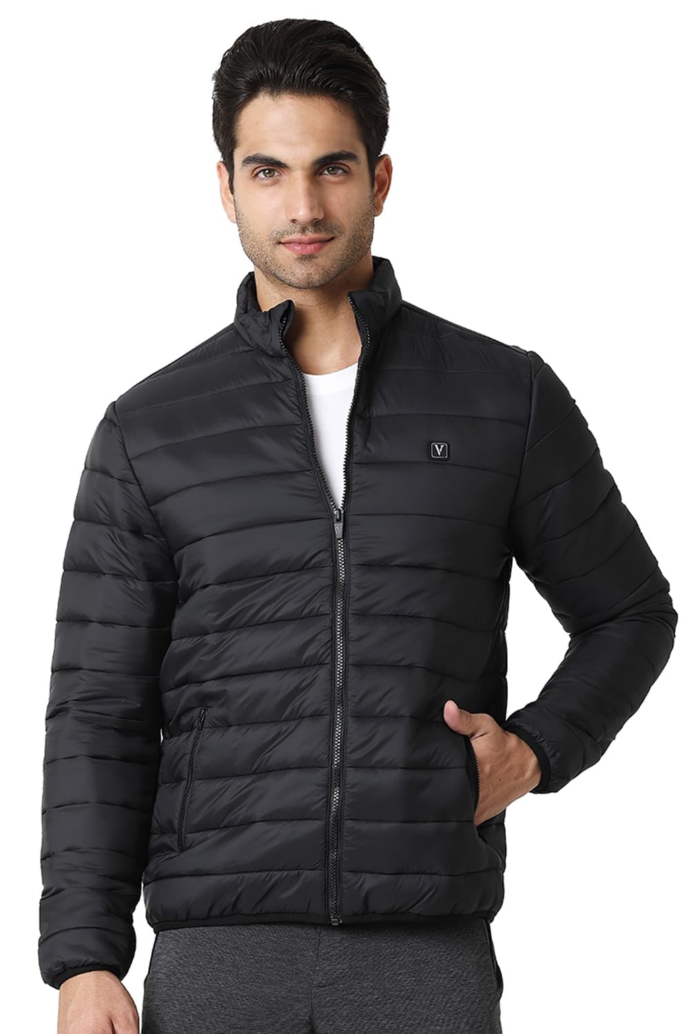 Van Heusen Men Athleisure Extra Warm Woven Standard Length Jacket - 100% Nylon - High Neck, Zip Front, Sleeveless_80006_Black_L