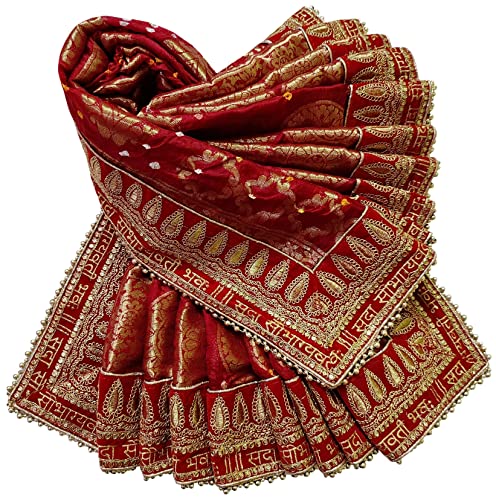 Navti Creations Women Wedding Bridal Red Dupatta In Banarasi Silk With Sada Saubhagyawati Bhaw Embroidery Border (2.25M) & 4 Side Moti Lace