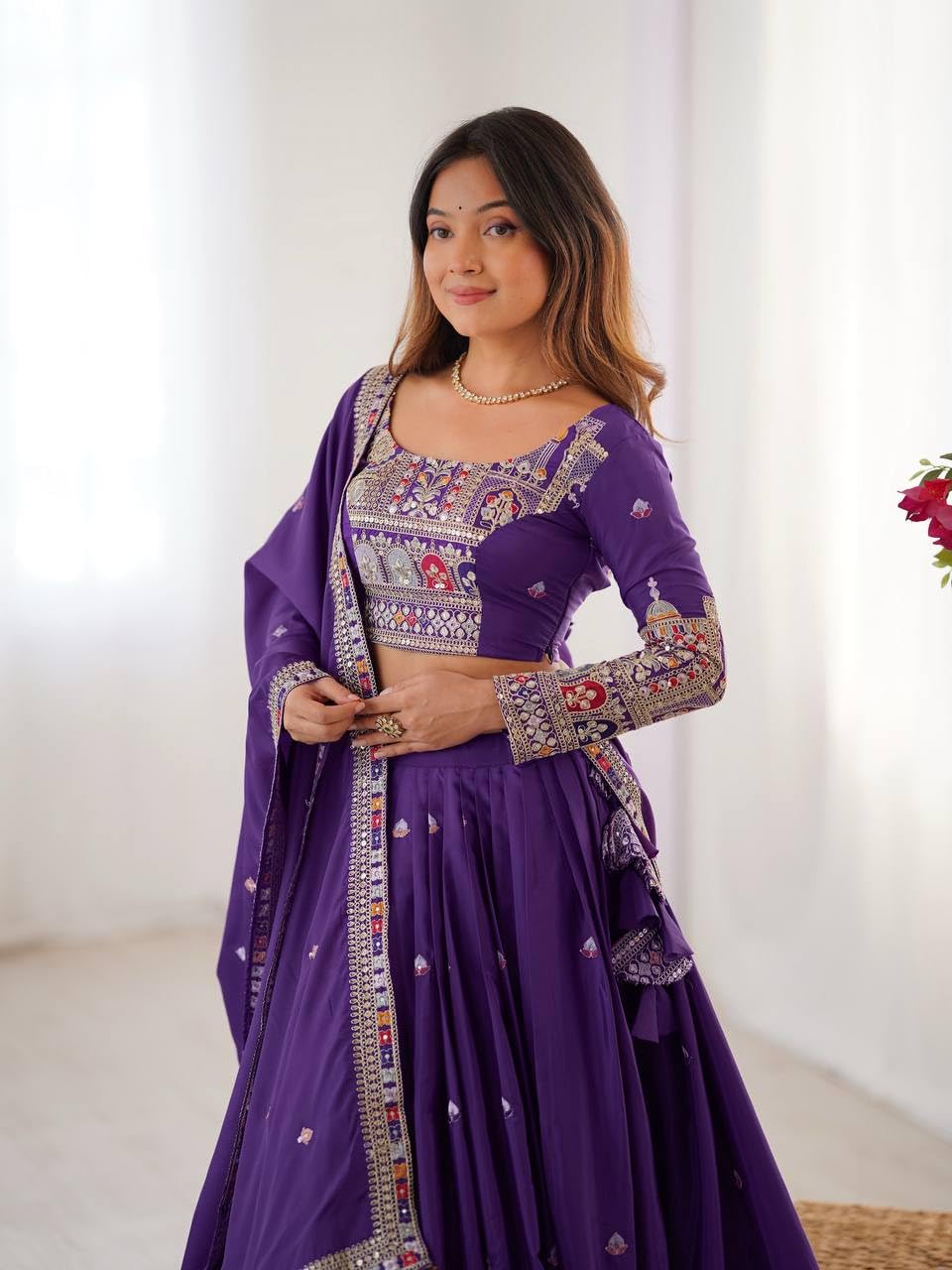 JIHU CULTURE Women's Natural Silk Coding Dori With Sequence Embroidery Work Semi Sttiched Lehenga Choli Set For Wedding (Purple)