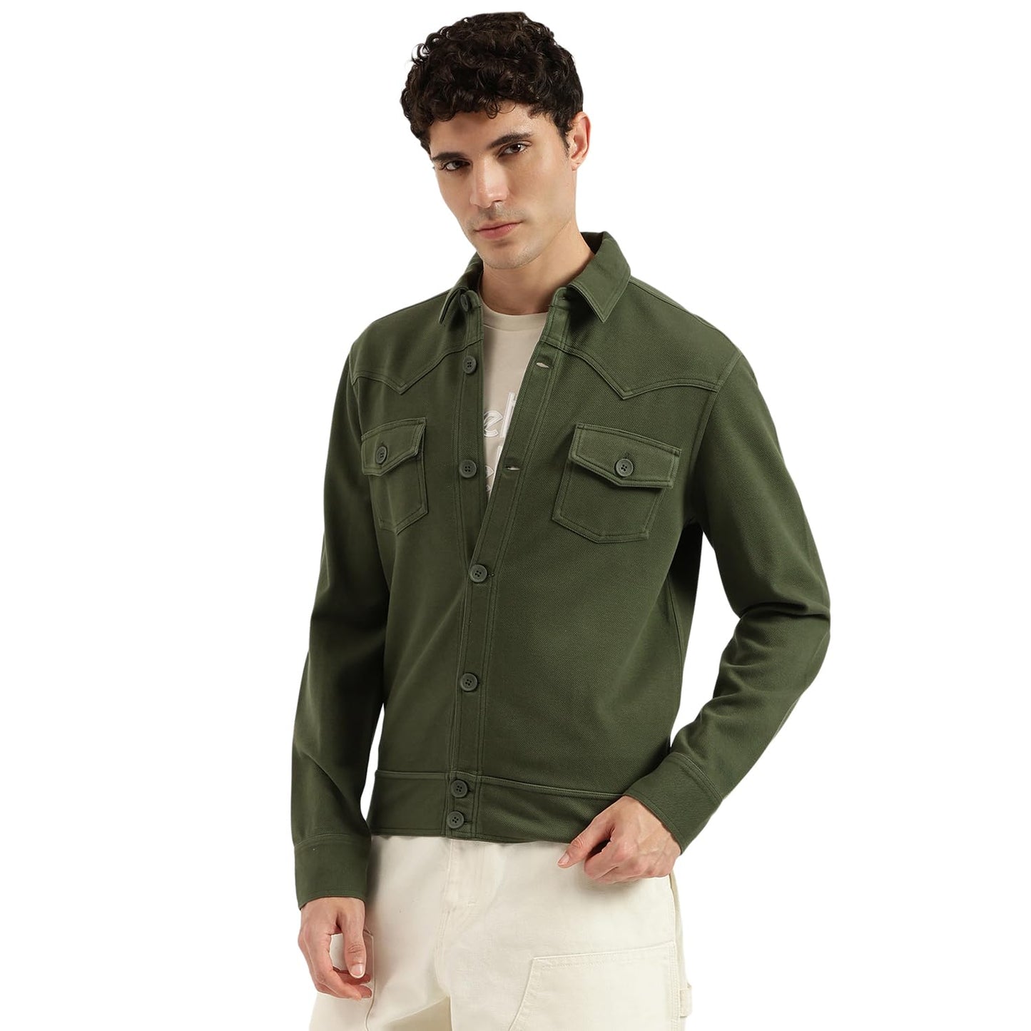 United Colors of Benetton Regular Fit Spread Collar Solid Twill Knit Washed Jacket