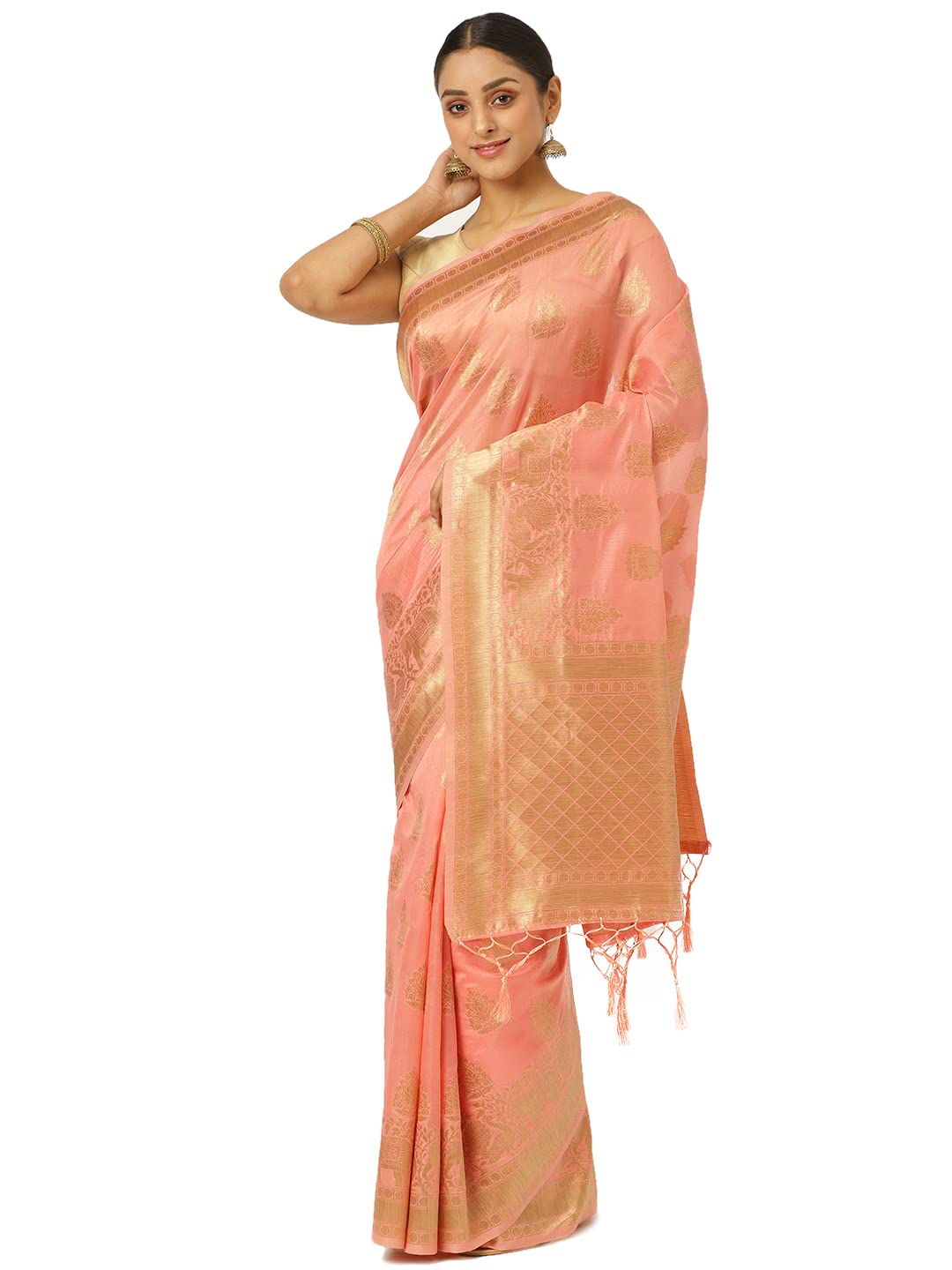 KARAGIRI Womens Maheshwari Silk Pink Saree With Blouse Piece