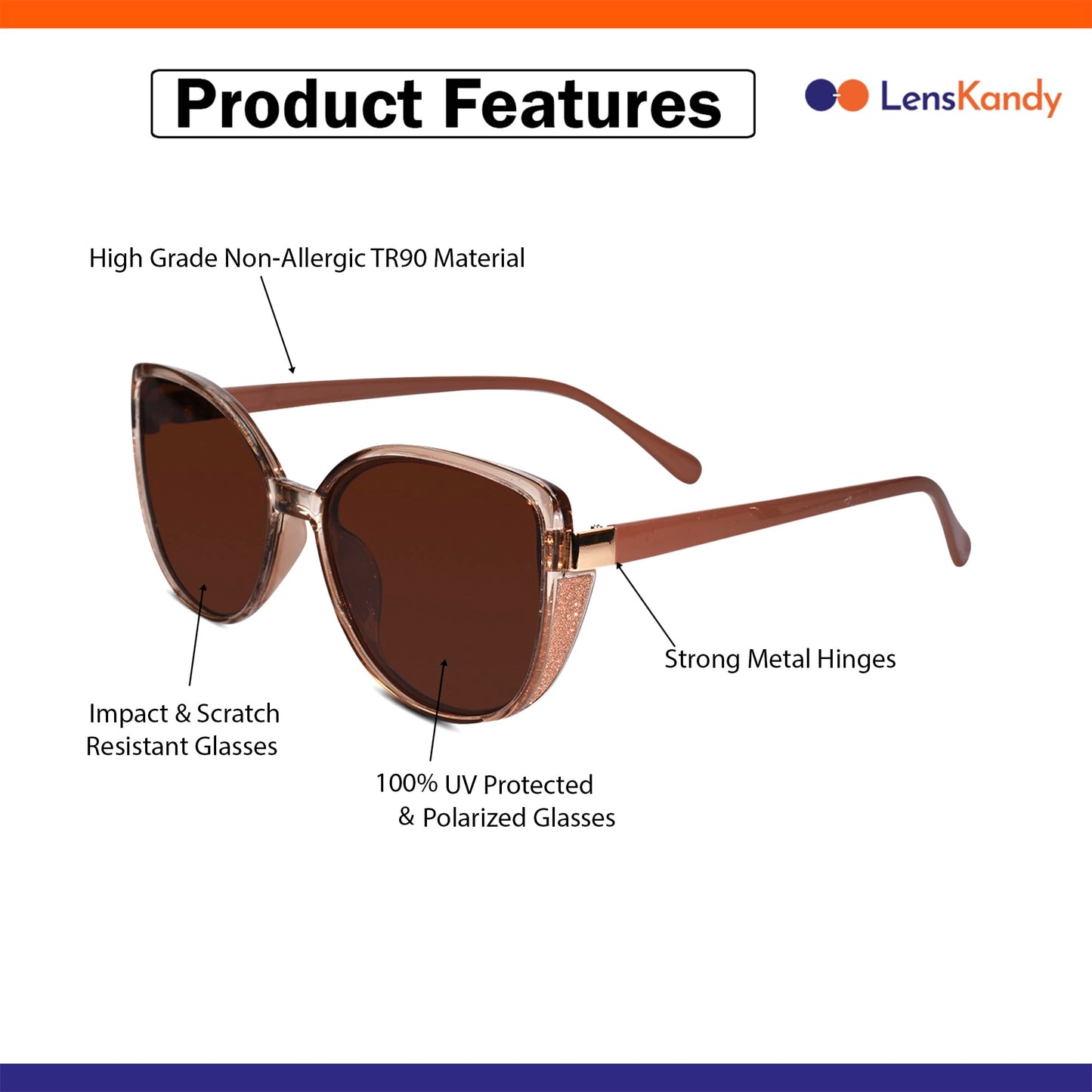 LensKandy Cateye Sunglasses for Women Polarized & 100% UV Protection Sparkling frame | 9075-Brown