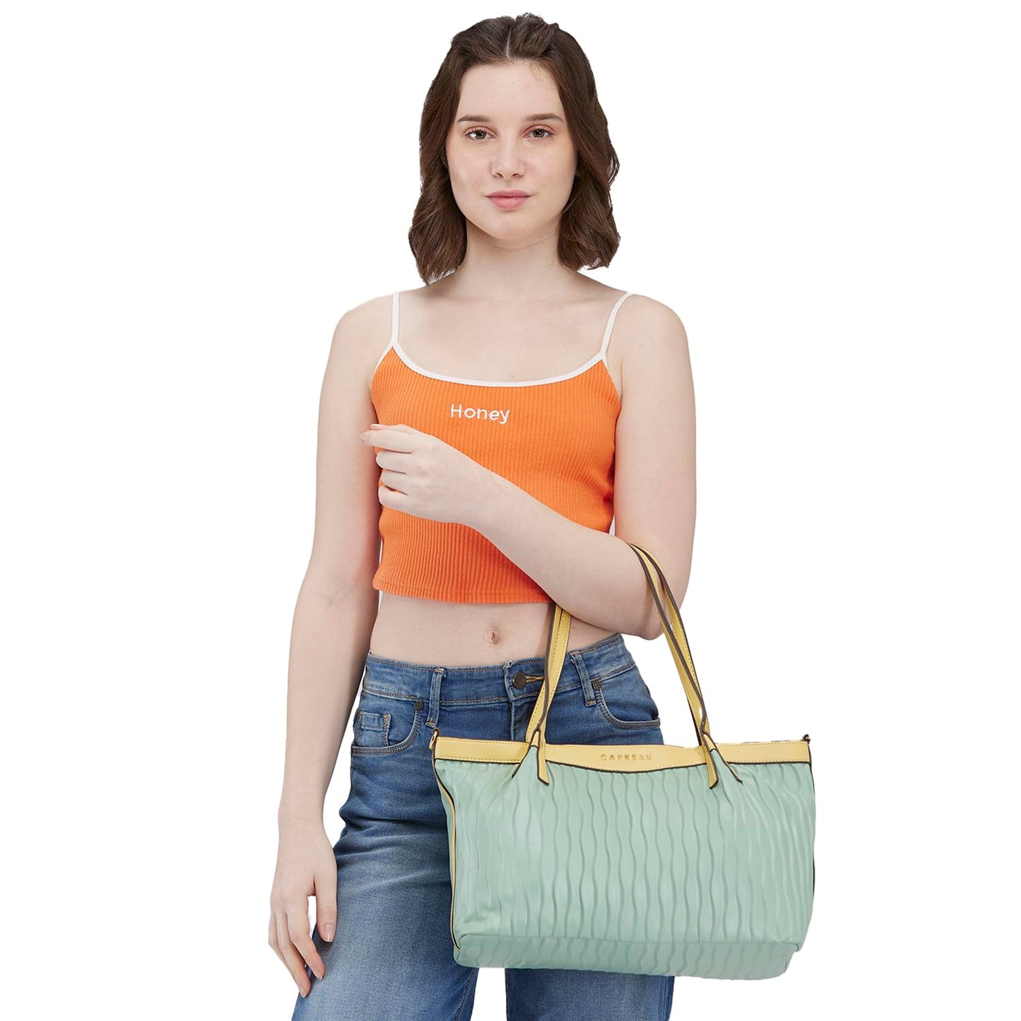 Caprese Shyla Satchel, Mint-Large | Sleek Solid Designed Shoulder Bag for Women with Adjustable Sling Strap | Spacious Compartments | Perfect for Casual/Party & Daily Use