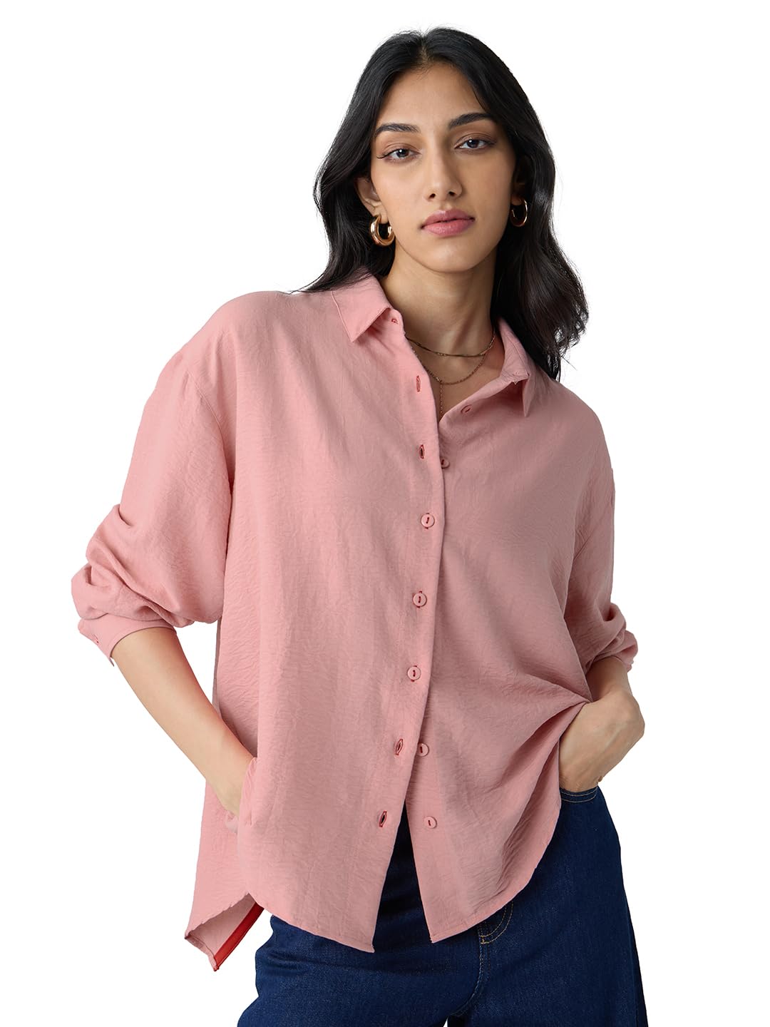 The Souled Store Textured Shirt: Rose Pink Women and Girls Long Sleeves Collared Neck Button Front Viscose Blend Boyfriend Shirts