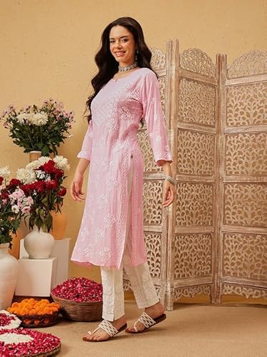 Ada Hand Embroidered Lucknowi Chikankari Straight Modal Kurta Kurti for Women A411801 Pink (4XL)