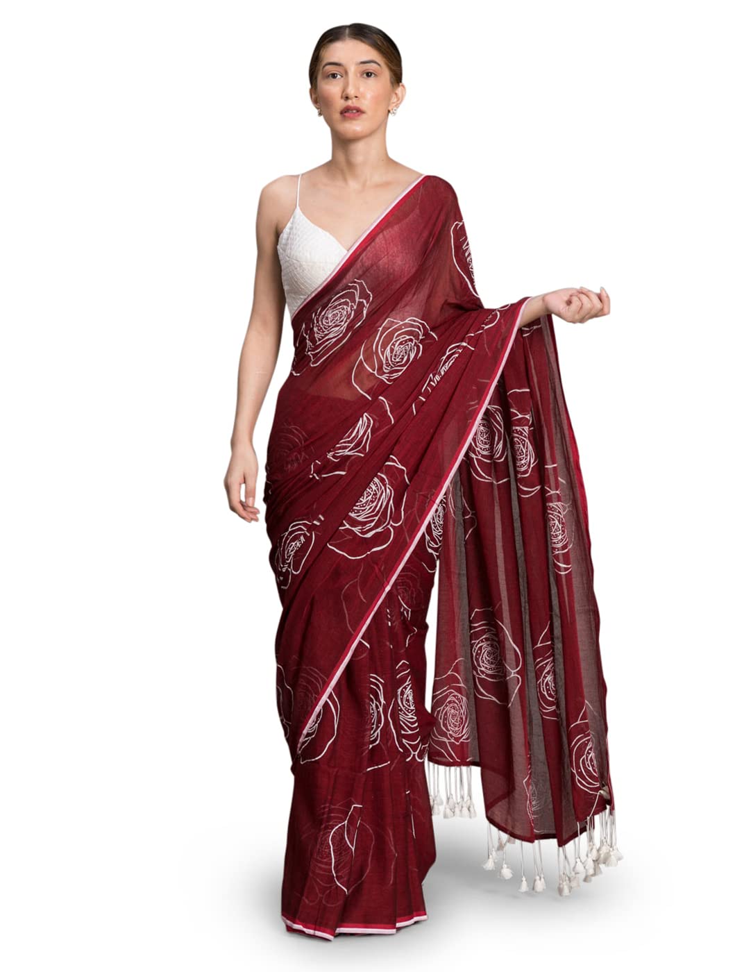 Suta Women's Plain Pure Cotton Saree Without Blouse | Pure Cotton Saree| Cotton Saree| Red Cotton Saree | Rose Printed Saree| Printed Cotton Saree