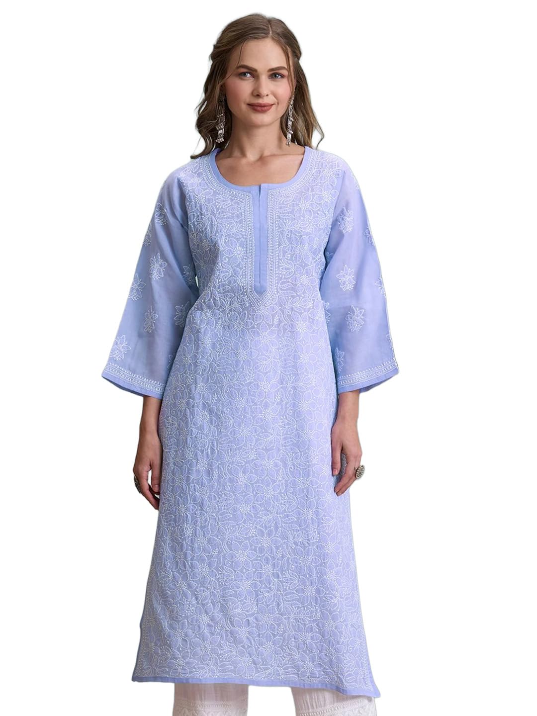 Ada Lucknowi Hand Embroidered Mauve Cotton Chikankari Kurta Kurti Tunic for Women A411790 (M)