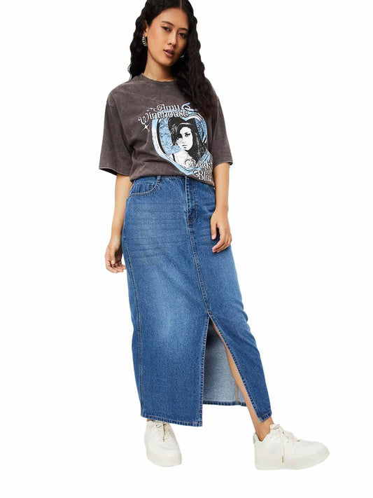 Max Women Washed Denim Skirt (Blue_30)