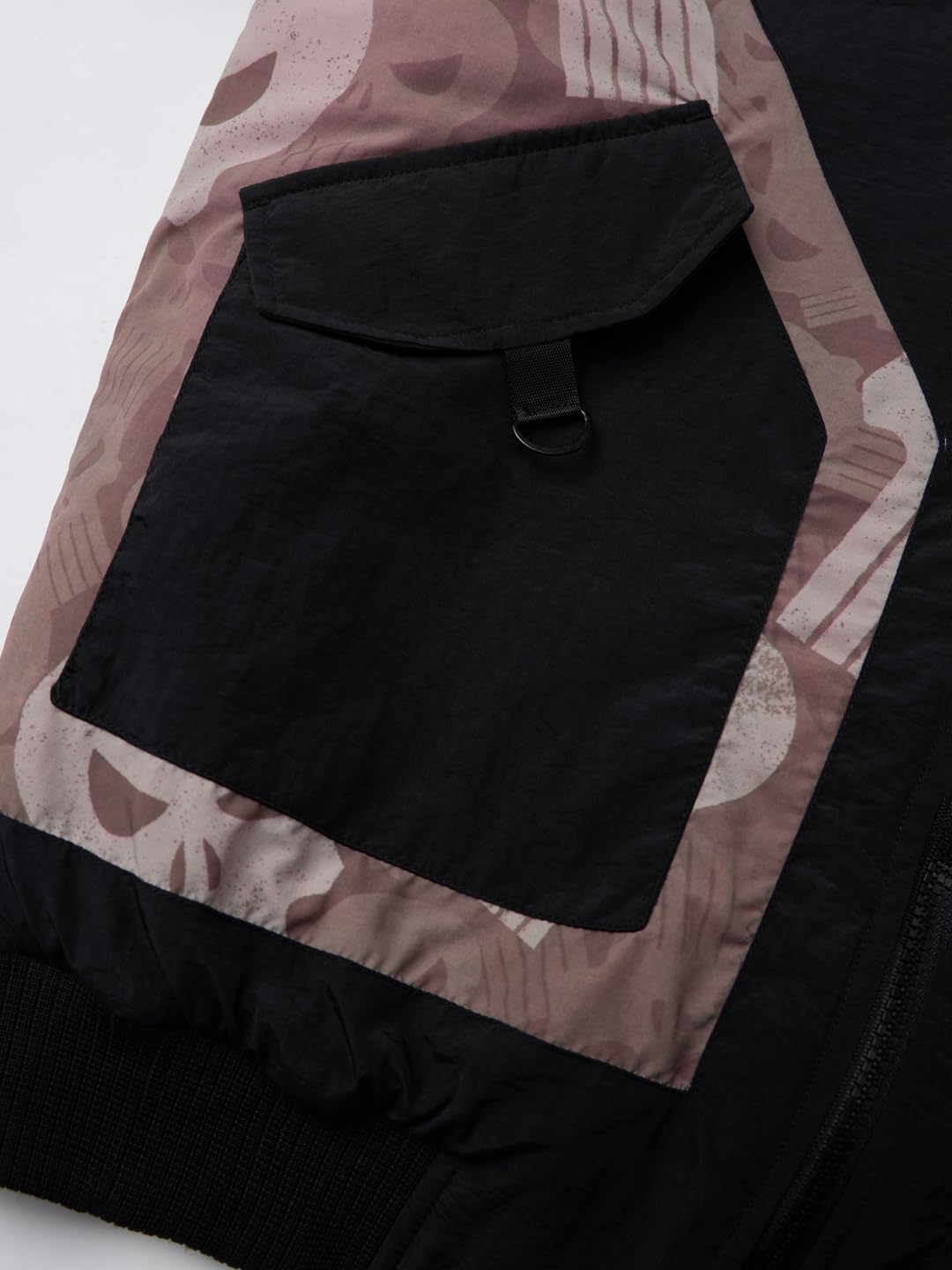 The Souled Store Punisher: Justice Men and Boys Full Sleeves Band Collar Black Camouflage Printed Polyester Regular Fit Lightweight Utility Pockets Winter Jacket