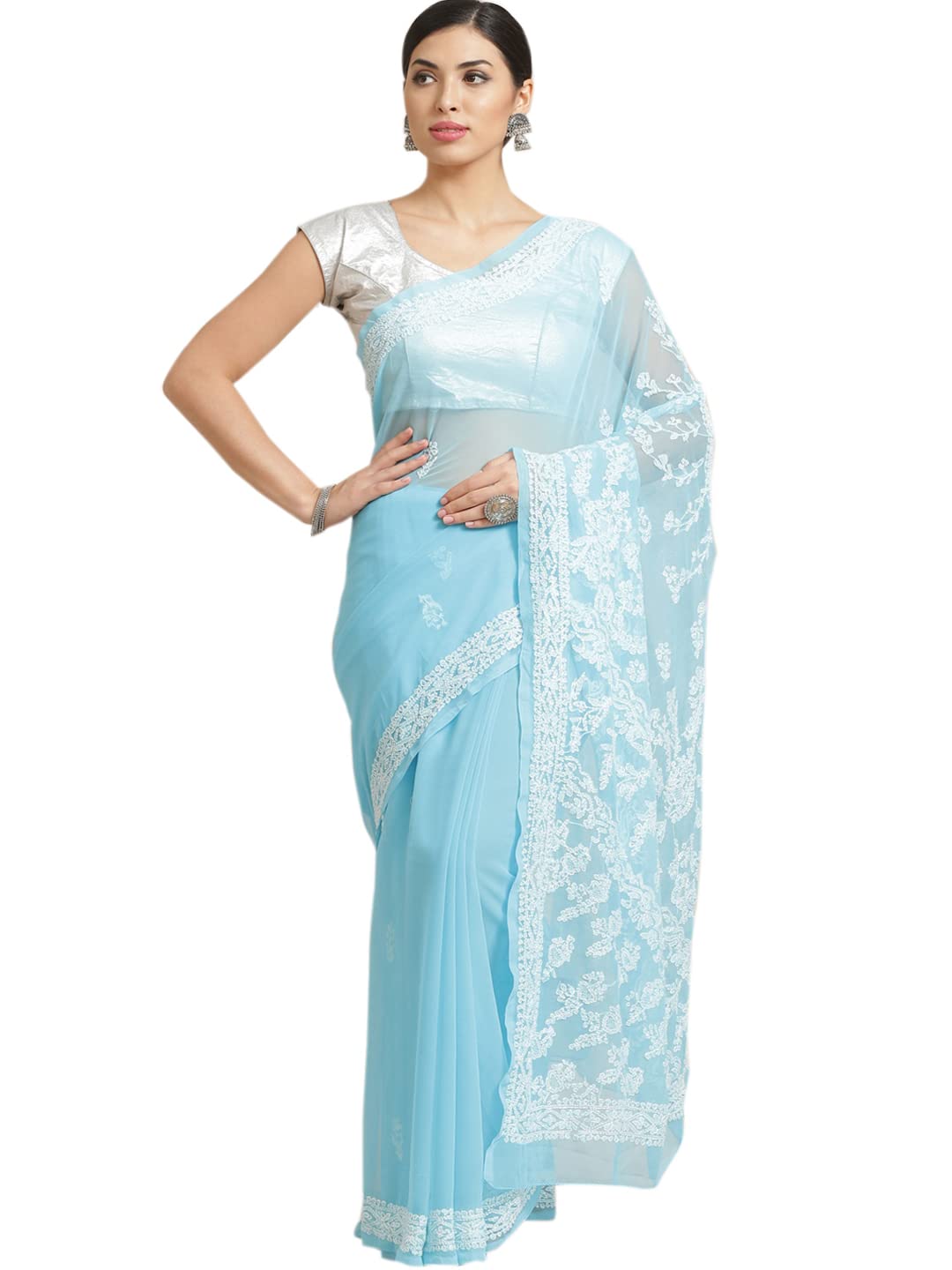 Ada Lucknowi Chikankari Hand Embroidered Women's Blue Georgette Saree with Unstitched Blouse A130227