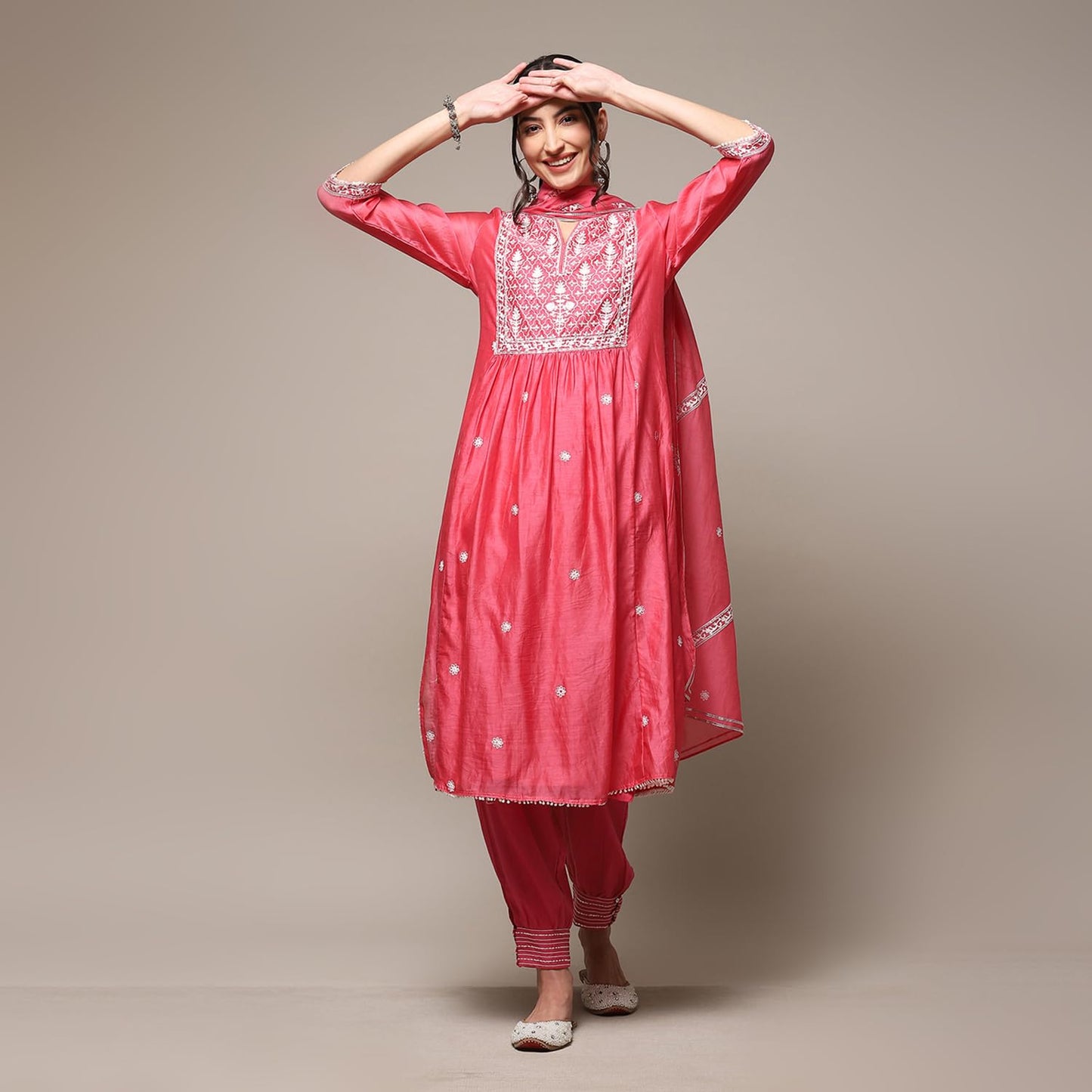 BIBA WOMEN EMBROIDERY RELAXED SALWAR KURTA DUPATTA(SKDGULNAAZ8670_BRIGHT PINK_34)
