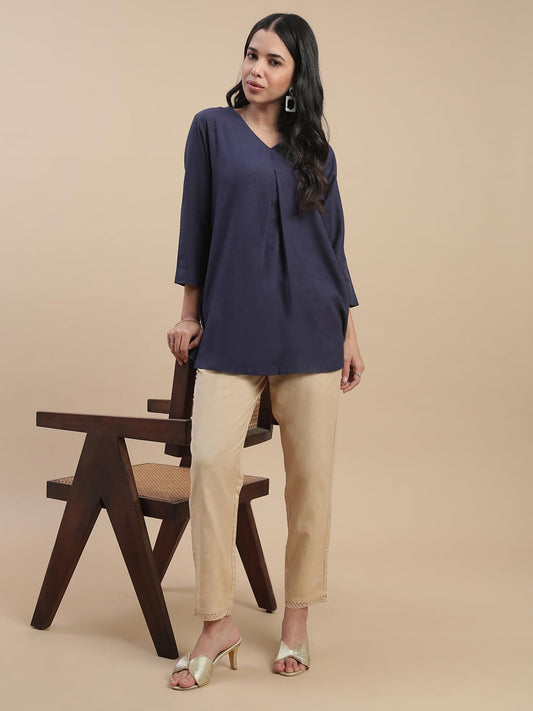 De Moza Women Regular Fit Lace Cigarette Pant - Light Beige | 100% Cotton Flex | Mid Rise | 2 Pockets | Casual & Office Wear
