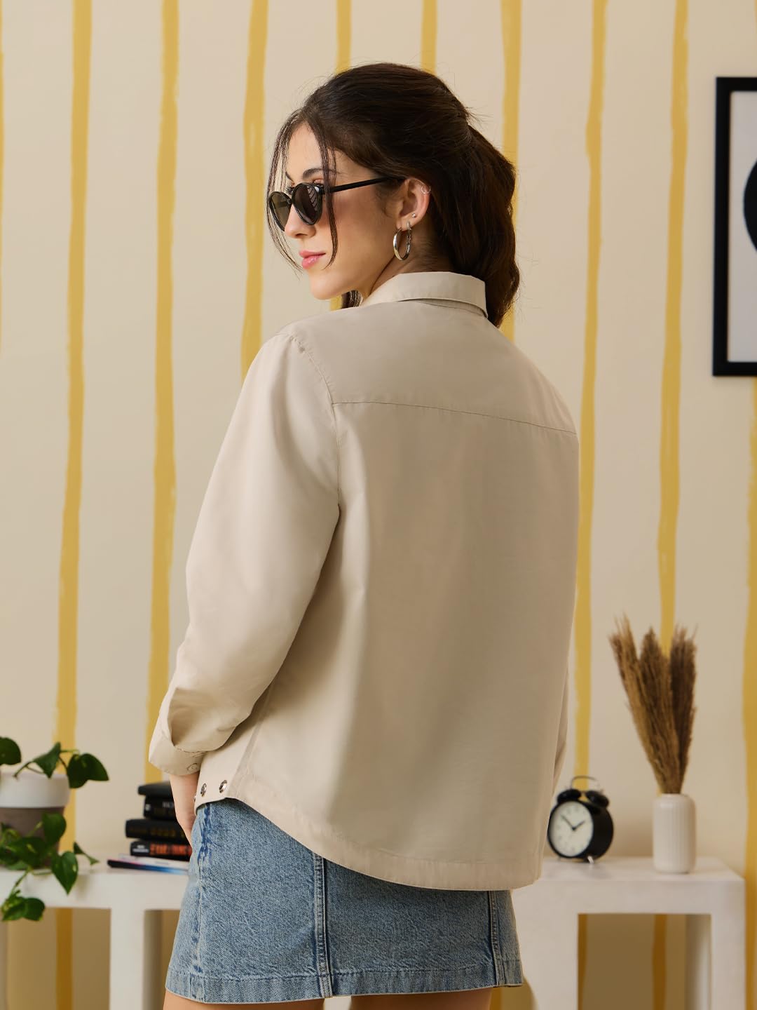 The Souled Store Easy Solids: Buttercream Women and Girls Full Length Sleeves Spread Collar Light Beige Solid Cotton Polyester Relaxed Fit Metal Rivet Detail Lightweight All-Season Shirt